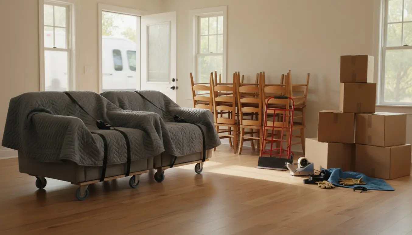 To sofaer indpakket på flyttetæpper, otte stole og omkring ti flyttekasser stablet i en lys entré klar til flytning.