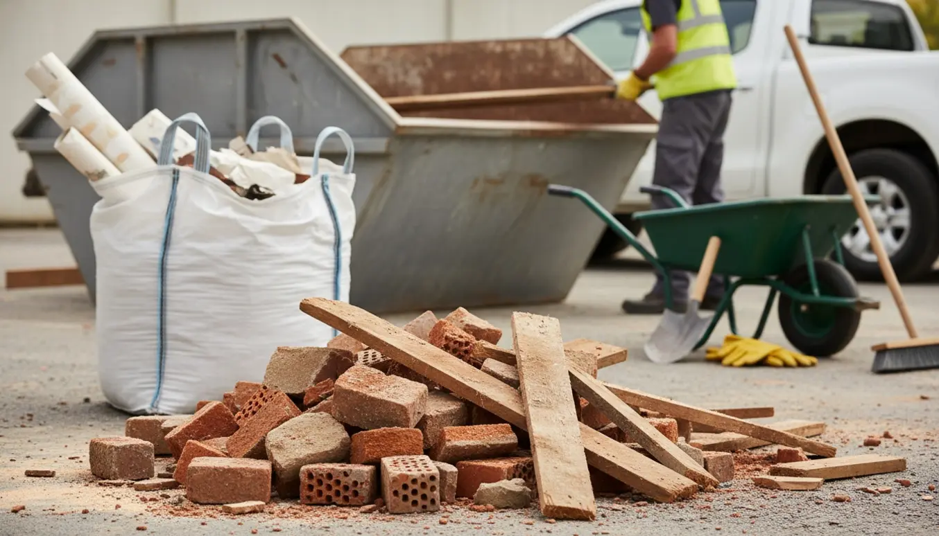 Blandet byggeaffald med træ, mursten og en stor big bag fyldt med tapet klar til afhentning.