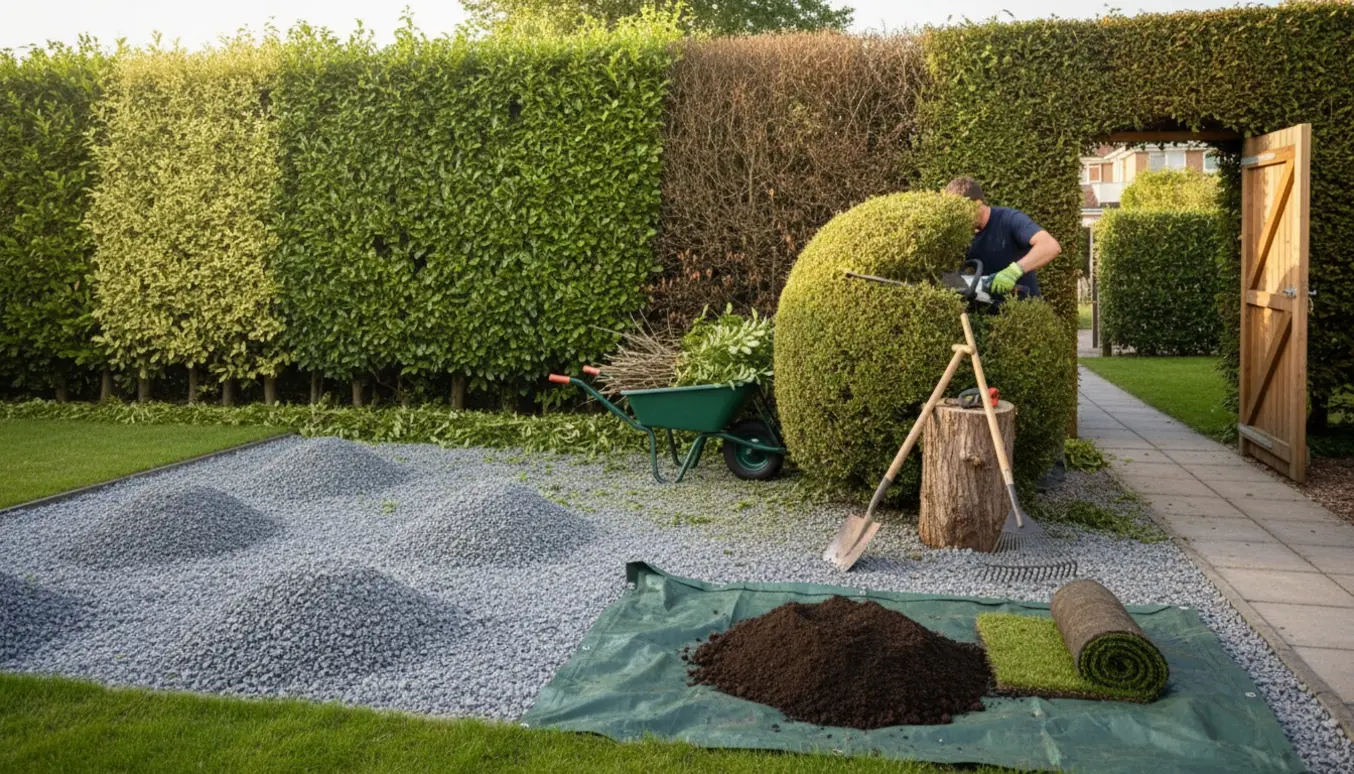 Havearbejde med en høj hæk under klipning, en stor busk ved at blive fjernet og et stenet areal klargjort til græsplæne.