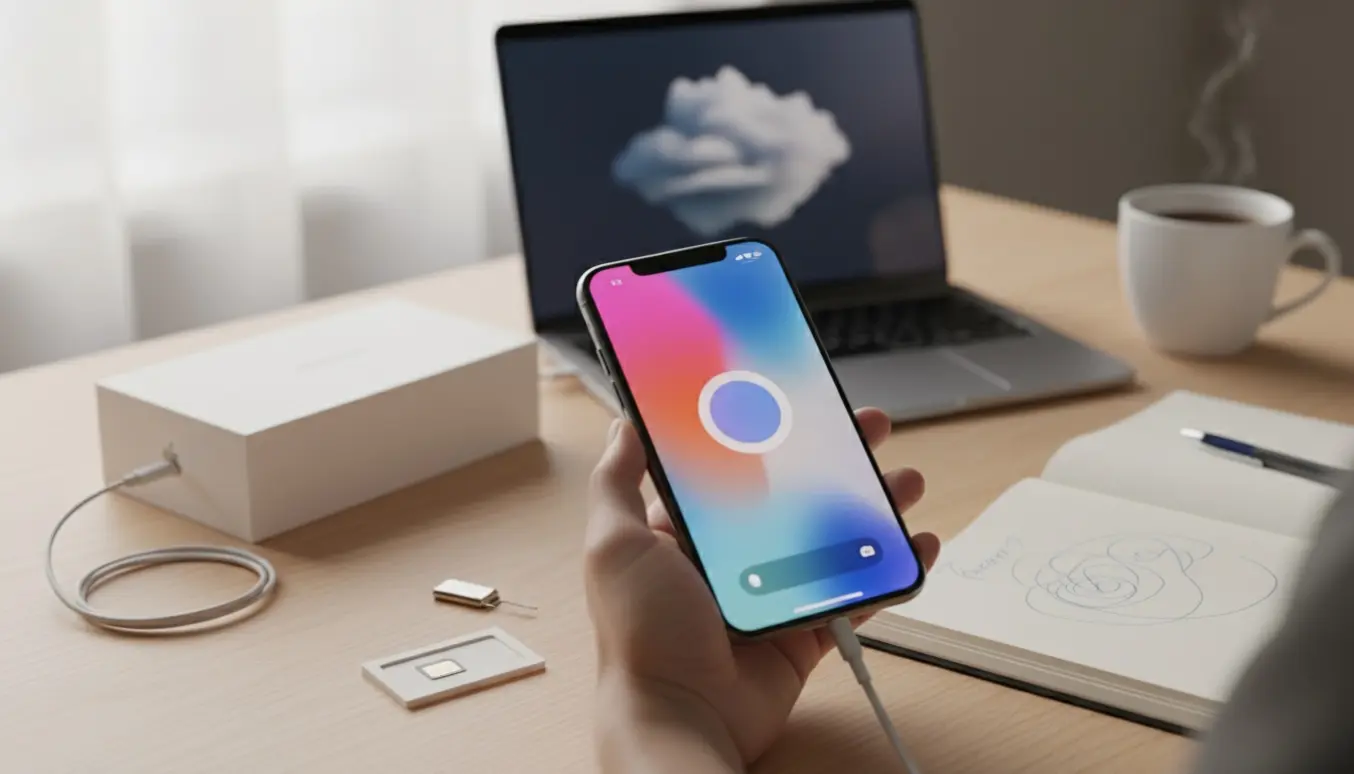 Hænder opsætter en smartphone på et skrivebord med oplader, SIM-kort og notesblok.