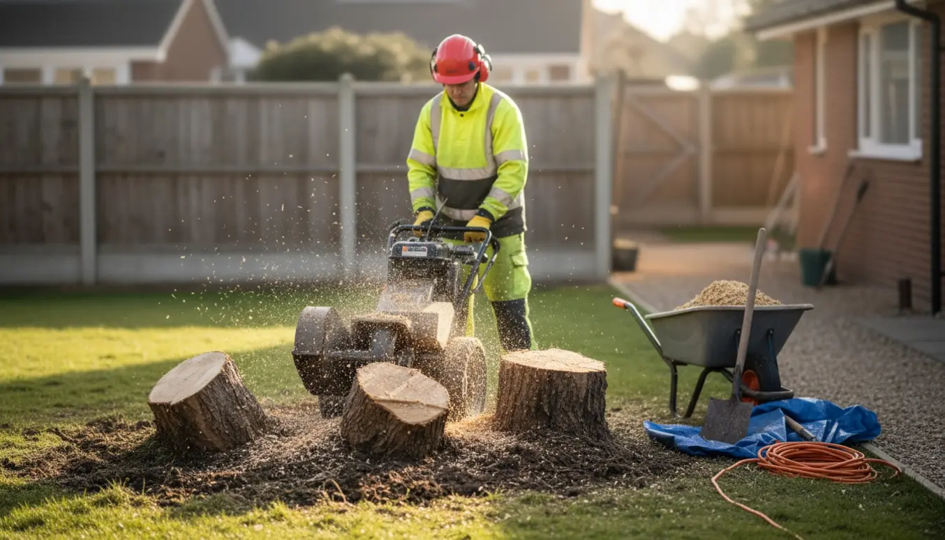 En operatør bruger en stubfræser til at fjerne tre store rødder i en have med træflis omkring.