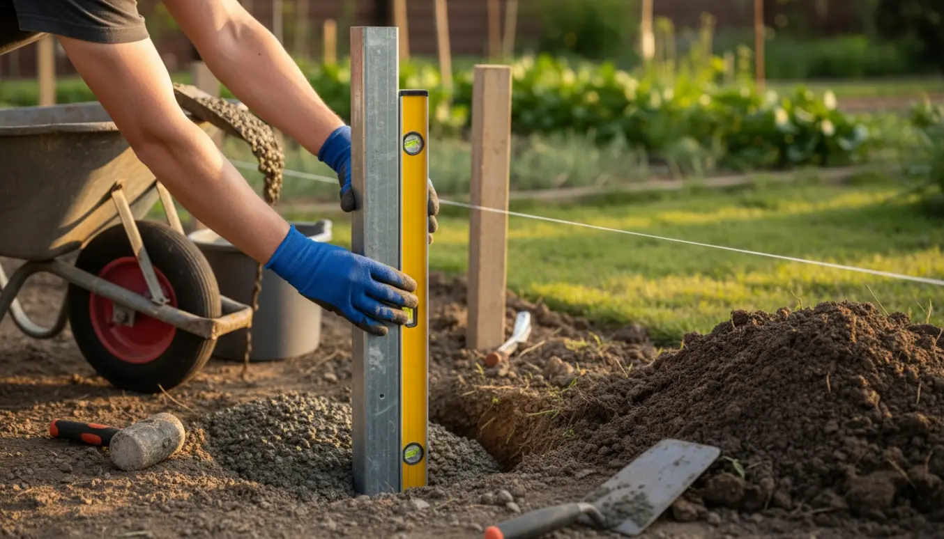 H-stolper bliver støbt lodret i forberedte huller i en have med beton og vaterpas.