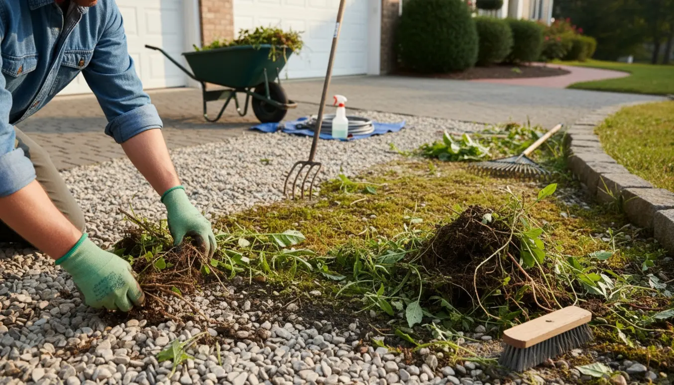 Handsker og værktøj trækker ukrudt op fra en grusindkørsel, med rene og ukrudtfulde områder i kontrast.