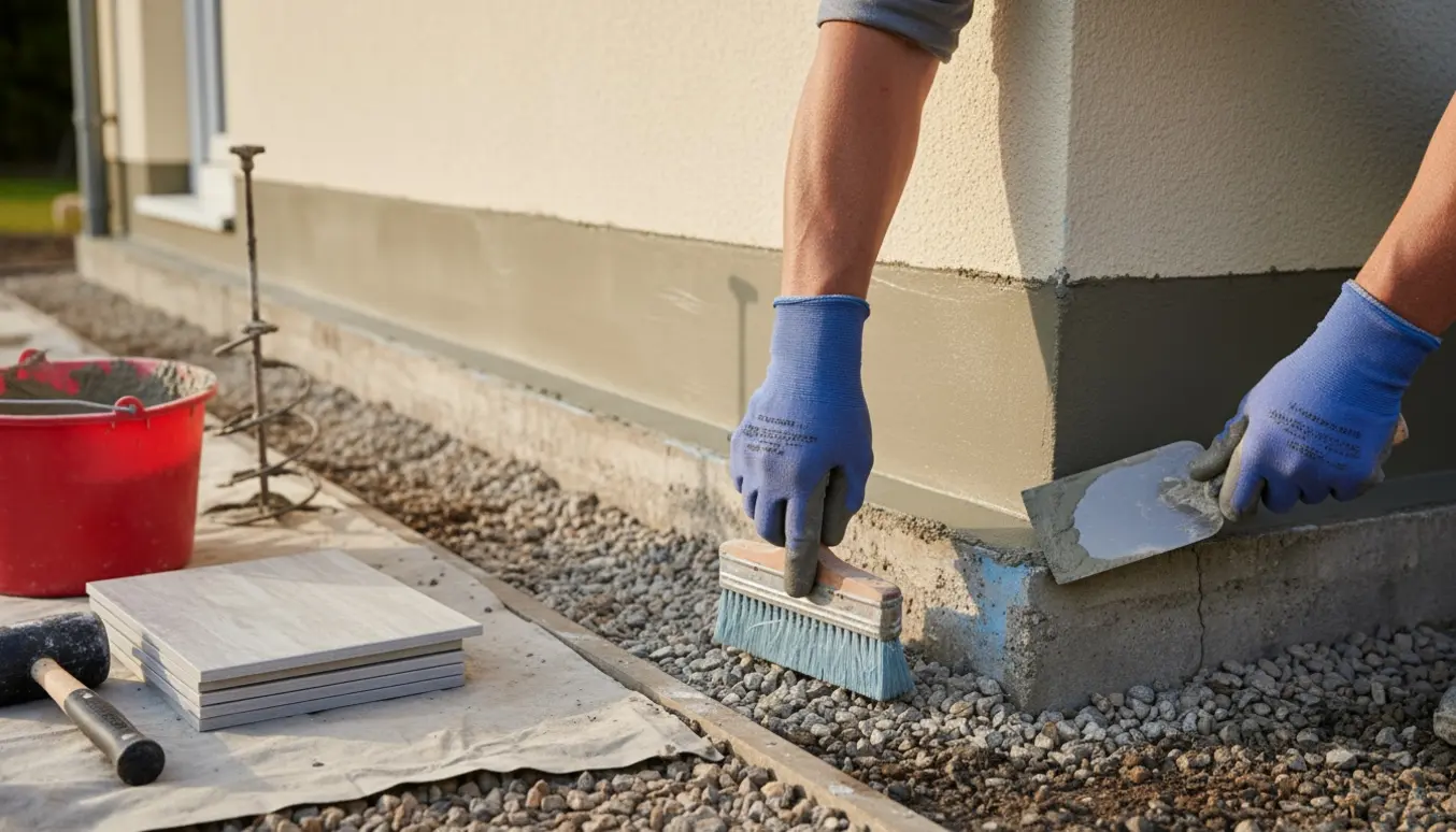 Hænder påfører lim og pudser en hus sokkel med murske foran en ryddet kant med nye fliser klar.