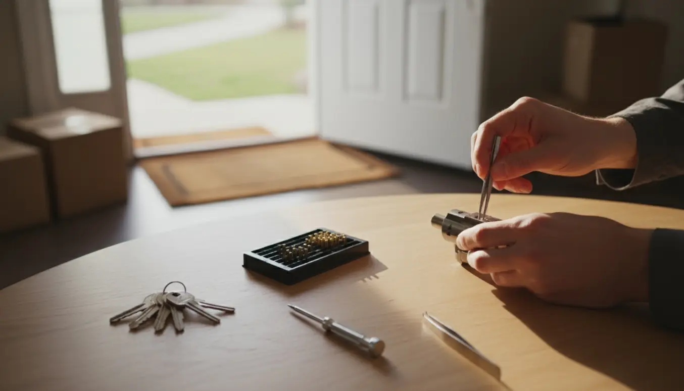 Hænder omkoder en dørlås med låsecylinder og værktøj i en entré i et nykøbt hus.