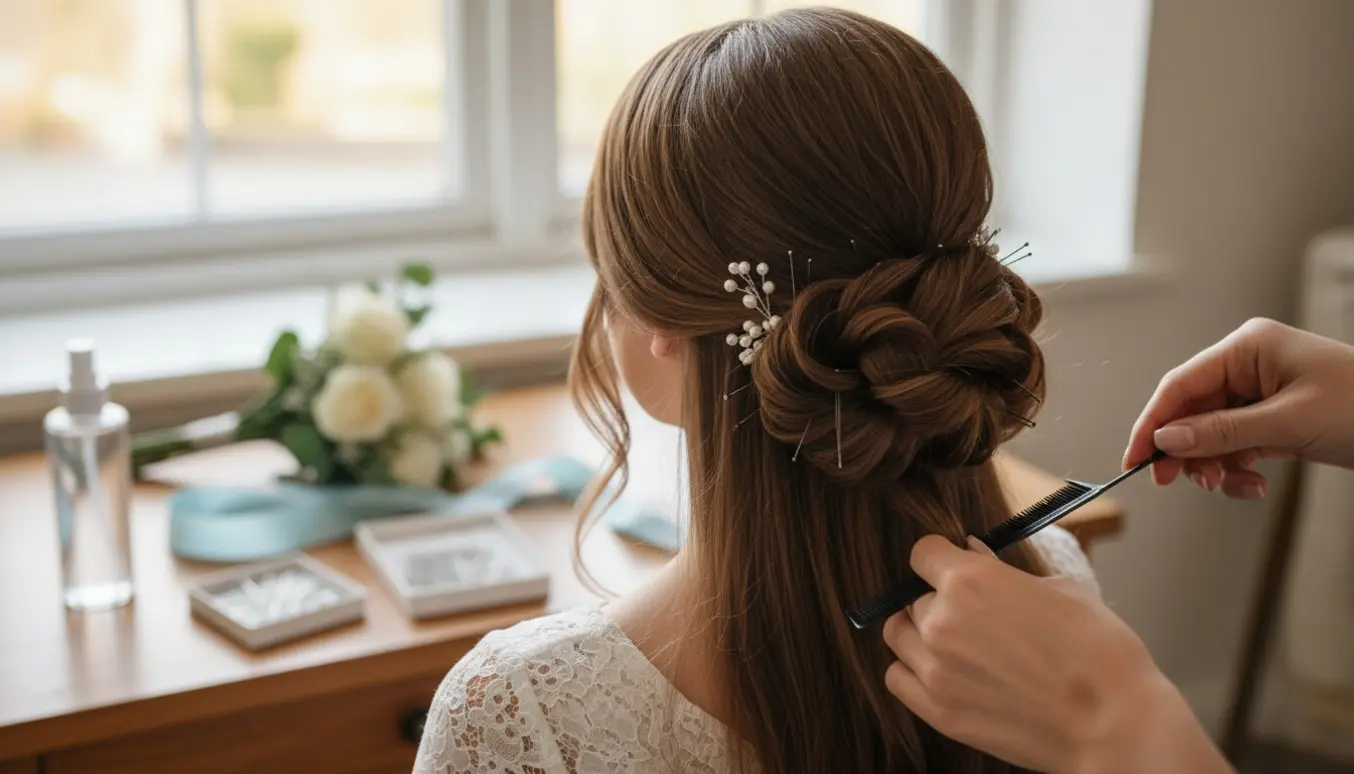 En frisør sætter langt, glat hår op til konfirmation i blødt morgenlys, kun baghovedet og hænderne er synlige.