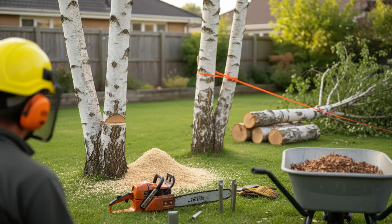 Fældning af tre birketræer i en have med afsavede stammer, savsmuld og værktøj synligt.