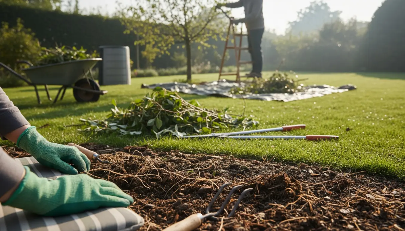 Hænder i handsker luger et blomsterbed med haveredskaber, mens beskårne grene ligger i en trillebør i baggrunden.