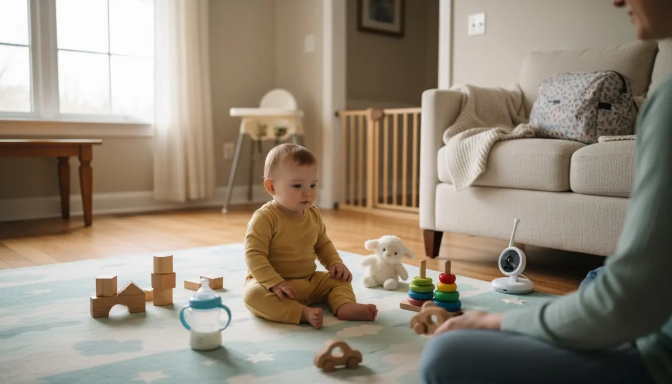 En barnepasser giver en 12 måneder gammel baby legetøj på et blødt legetæppe i et lyst, hyggeligt stuerum.