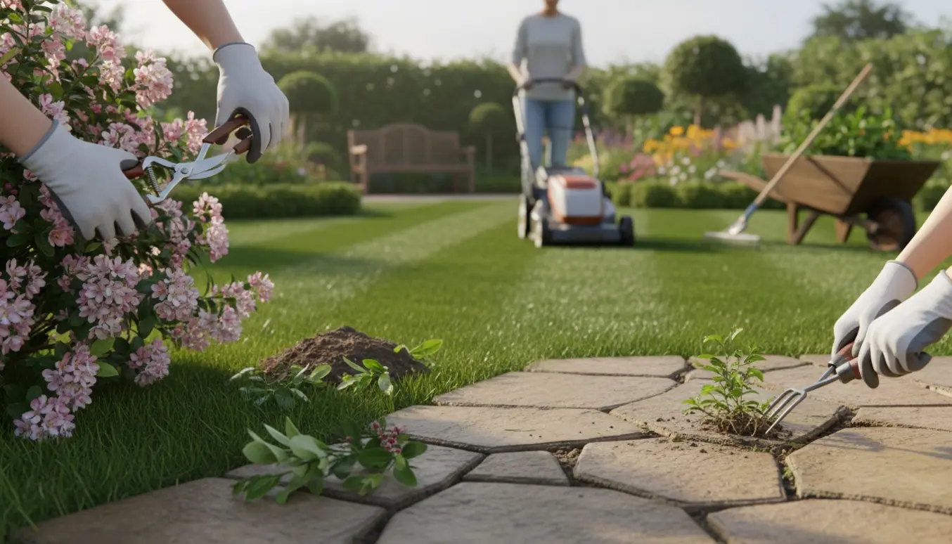Handsker beskærer en busk foran nyslået græs og fjernet ukrudt mellem fliser i en velholdt have.