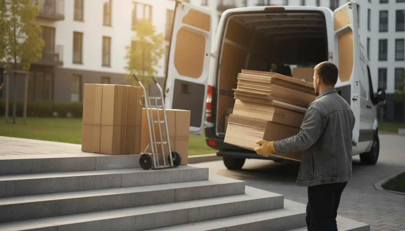 Person bærer sammenfoldet pap ned ad en bred trappe mod en åben varevogn til bortskaffelse.