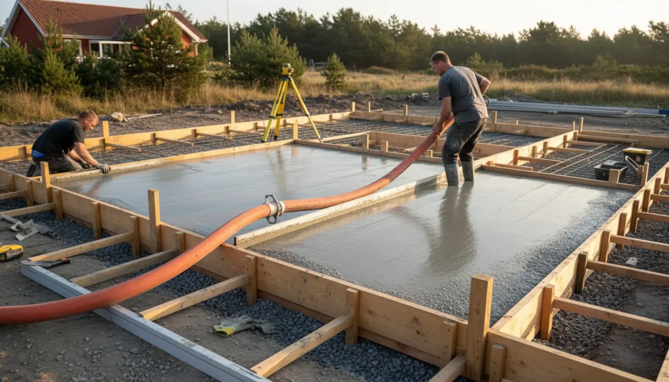 Fagfolk udjævner friskbeton til fundament og betondæk ved en sommerhusudbygning ved kysten.
