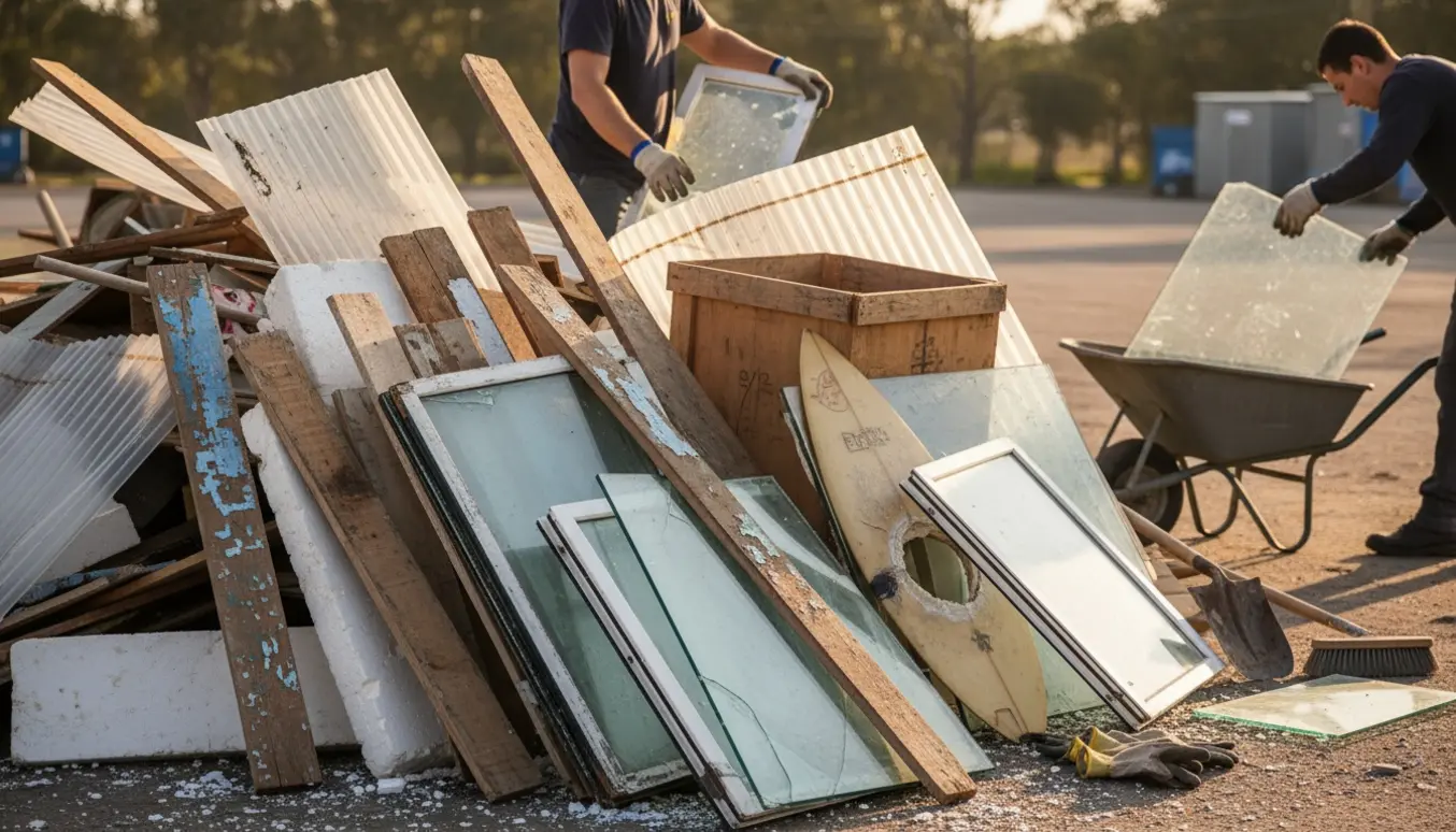 Bunke med byggeaffald med træ, flamingo, vinduesruder, plasttagplader, en trækasse og et surfboard med hul klar til sortering.