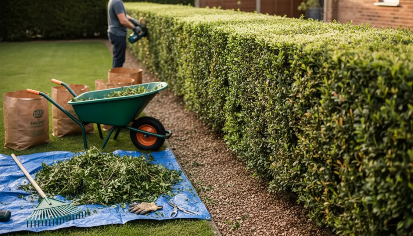 En person ses bagfra mens en ligusterhæk klippes og hækkeaffald samles i trillebør og poser.