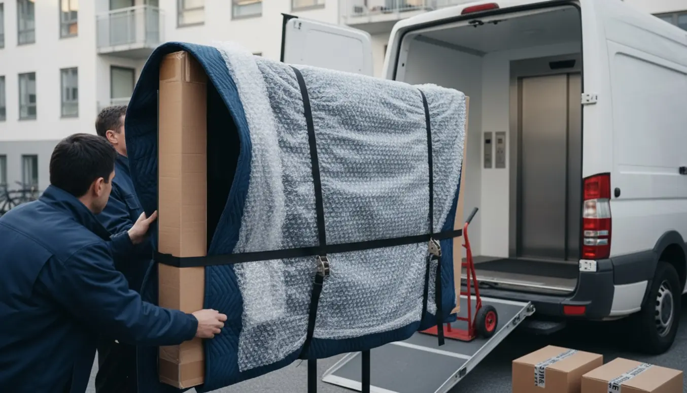 Et 55 tommers tv indpakket i flyttetæpper og sikret med stropper, læsses ind i en varevogn udenfor en lejlighedsopgang med elevator.