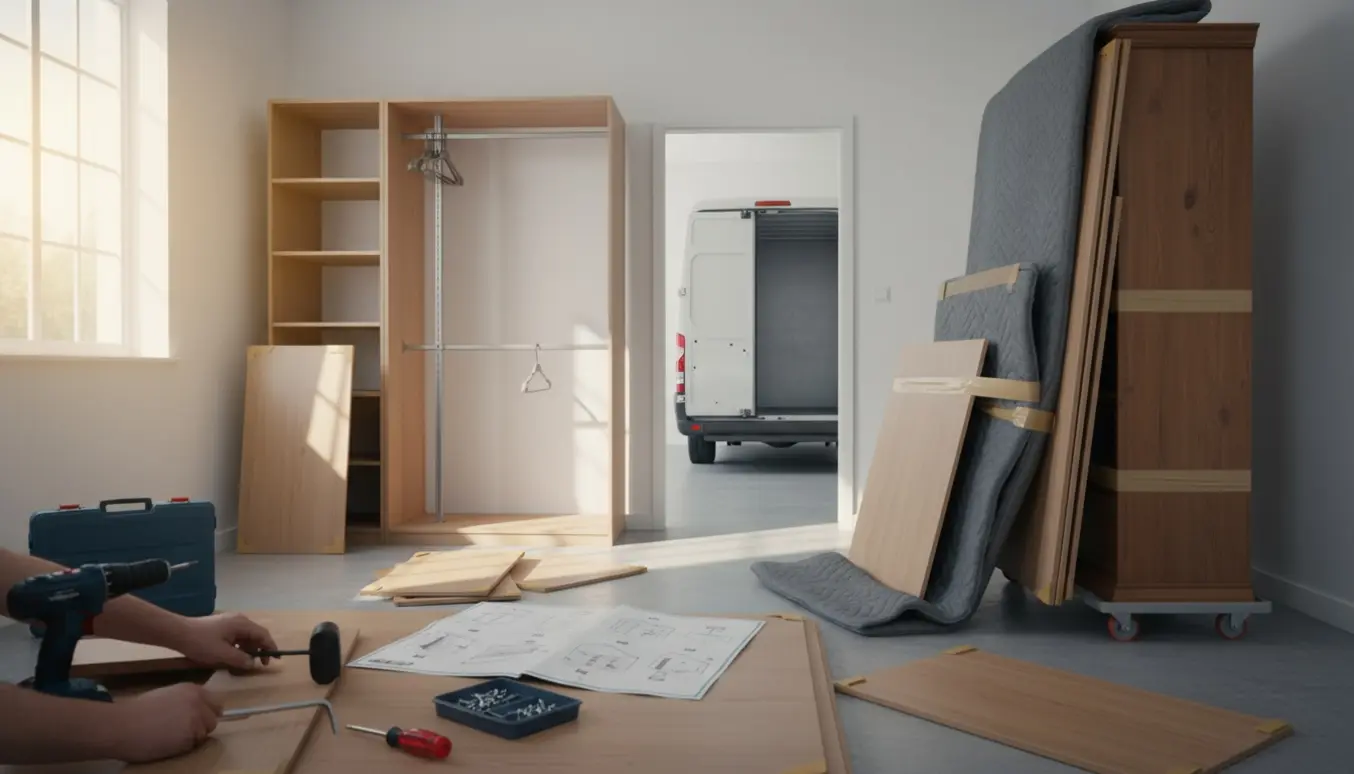Delvist samlet PAX-garderobe med værktøj i et rum, mens et gammelt klædeskab og en kommode er pakket og klar til afhentning.