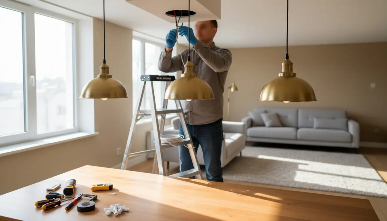 Installatør på stige forbinder nye ledninger til tre hængelamper over et spisebord med værktøj i forgrunden.