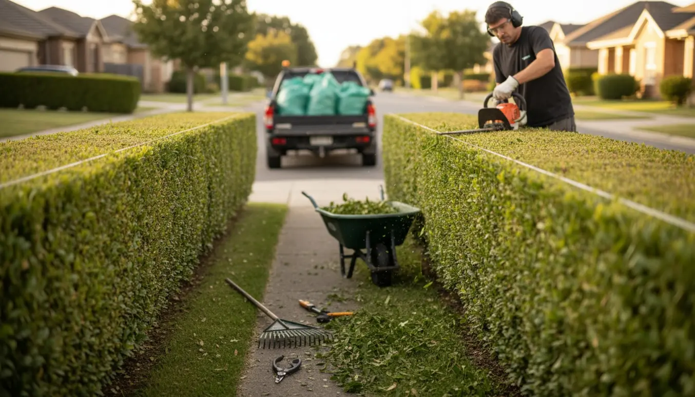 En lang forstadshæk bliver professionelt klippet lige med afklip samlet i sække ved en trailer.