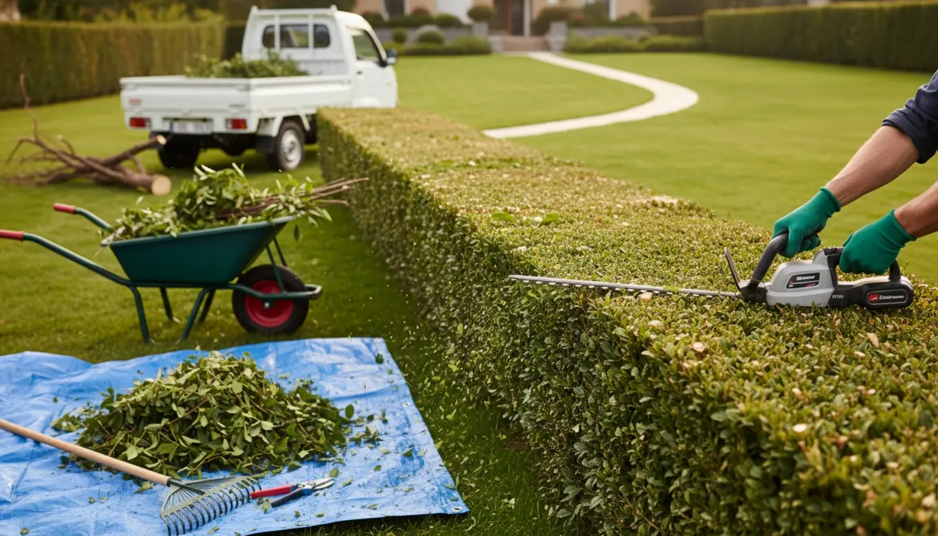 Hækkeklipning og oprydning med hækkeklipper, trillebør og samlet grene klar til bortkørsel.