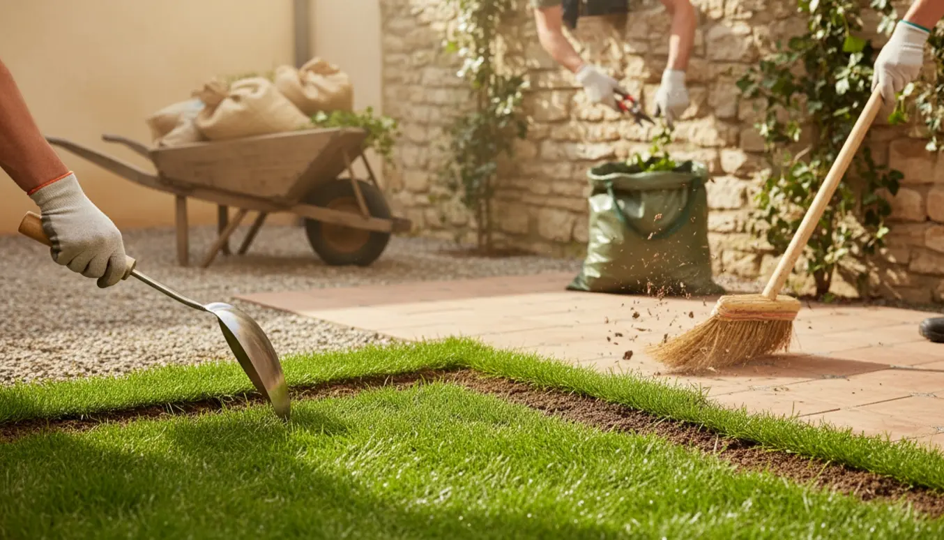 Forårsklargjort gårdhave med nykantskåret græs, fejet terrasse, klippet efeu og haveaffald klar til afhentning.