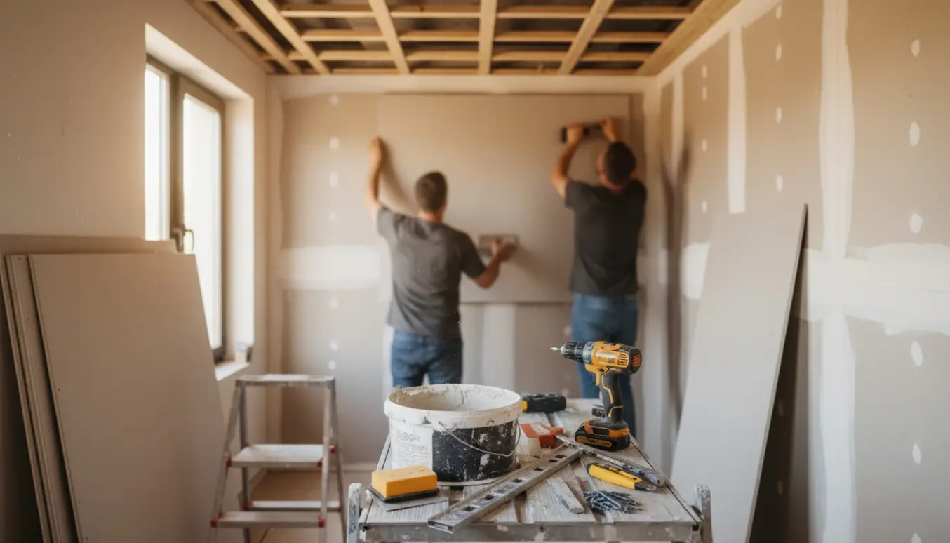 Gipsplader opsættes på væg og loft med trælægter og spartelværktøj klar.