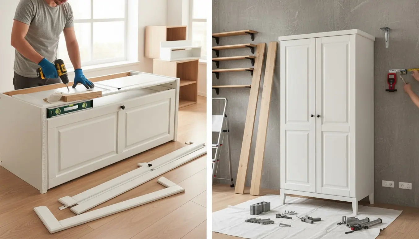 Et Hemnes-garderobeskab liggende på gulvet med døre, lister og værktøj klar til montering mod en betonvæg.