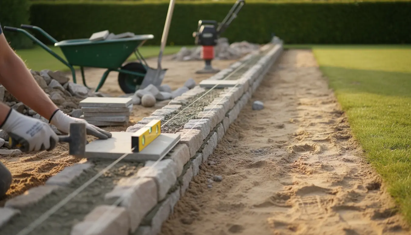 Opbygning af en 20 meter lang lavmur med knækfliser og strandsten, arbejdshandsker og værktøj i naturligt lys.