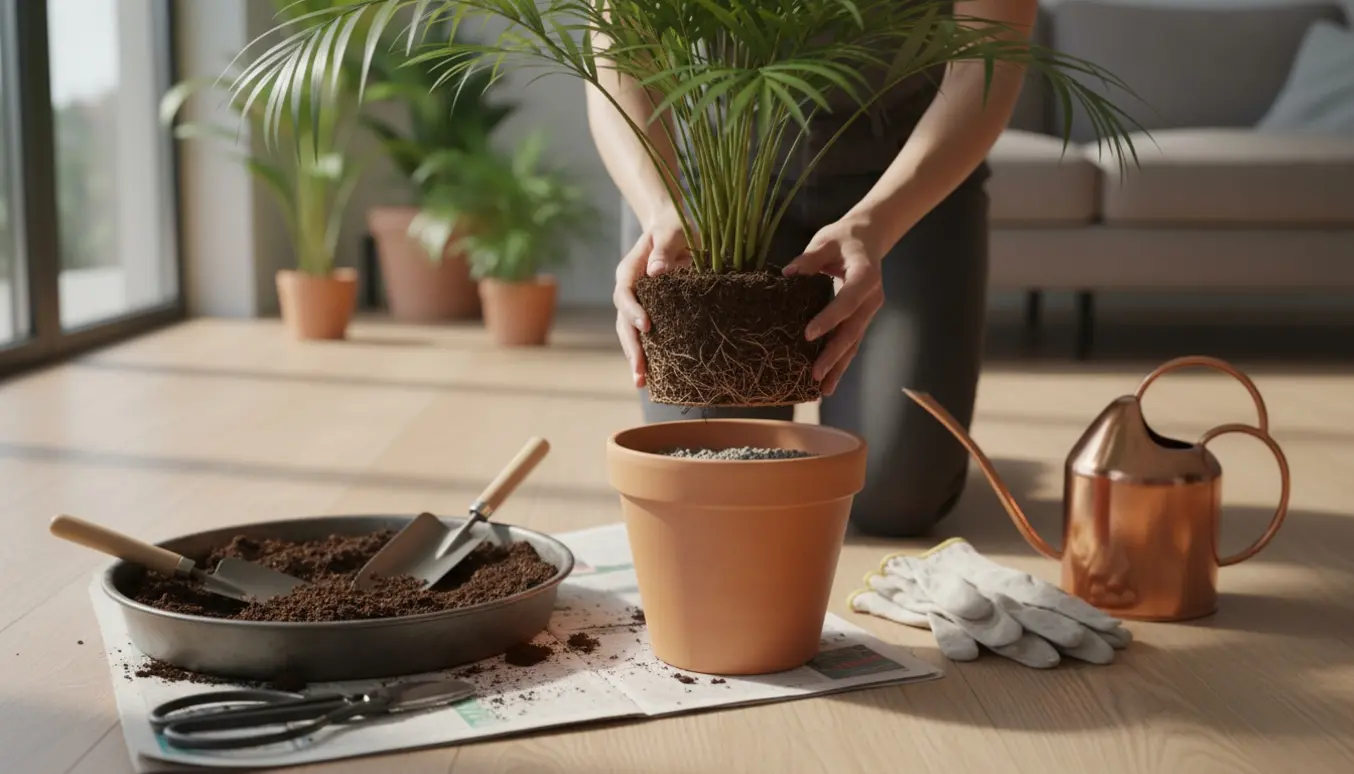 Omlægning af en stuepalme med rodklump, ny potte og pottemuld i en lys stue.