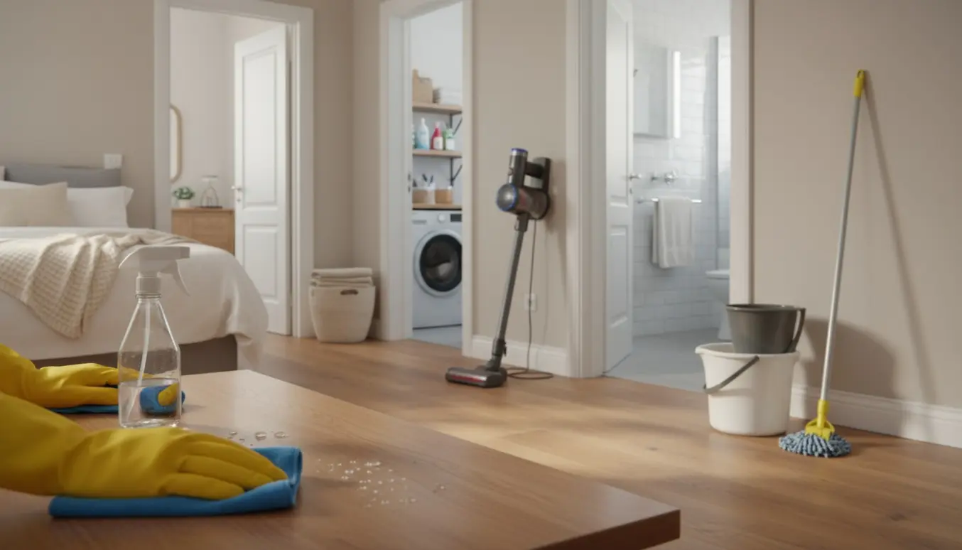 En handske-klædt hånd tørrer et sofabord i en lys stue med rengøringsudstyr, støvsuger i baggrunden og åben dør til badeværelse og soveværelse.