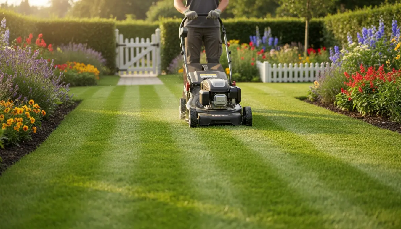 Nyklippet græs i en lille forhave og baghave med en plæneklipper i arbejde.