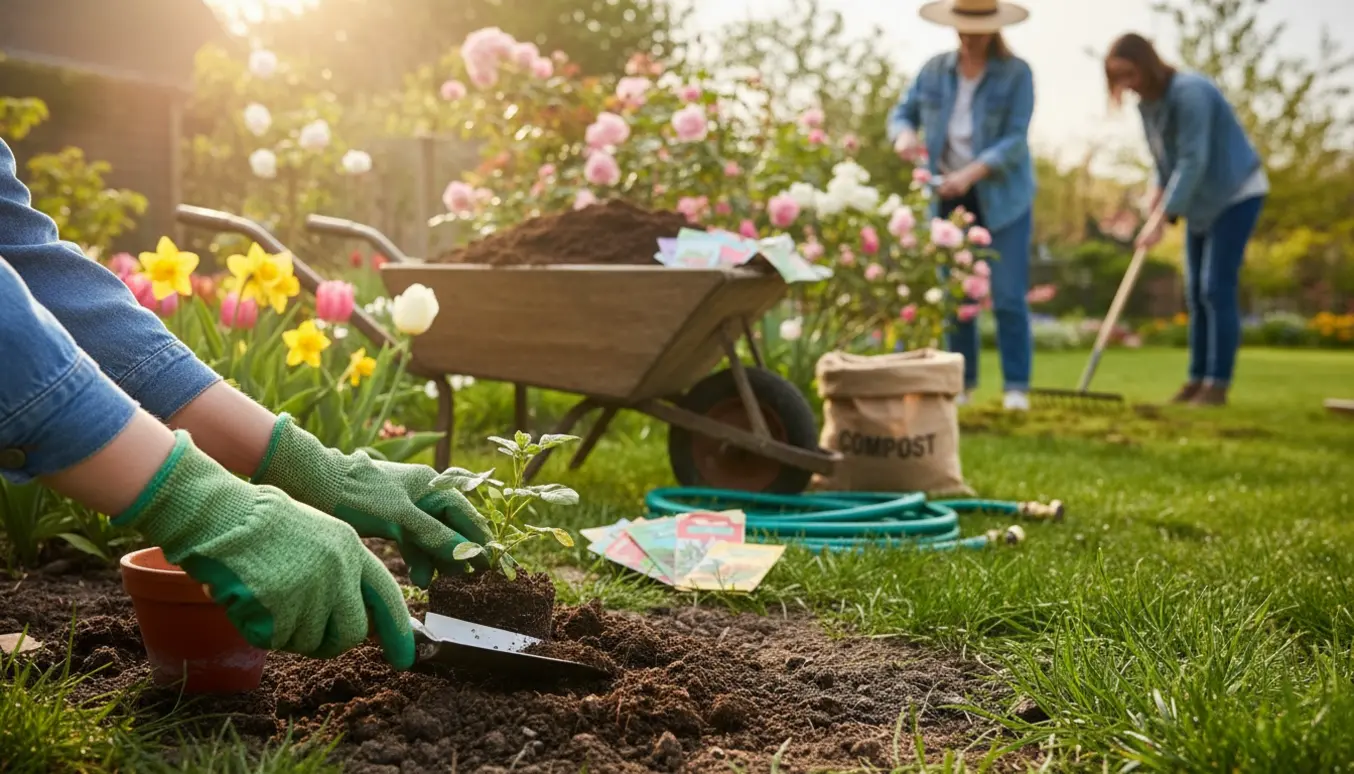 Forårsarbejde i en have med plante, trillebør og haveredskaber i blødt morgenguldlys.
