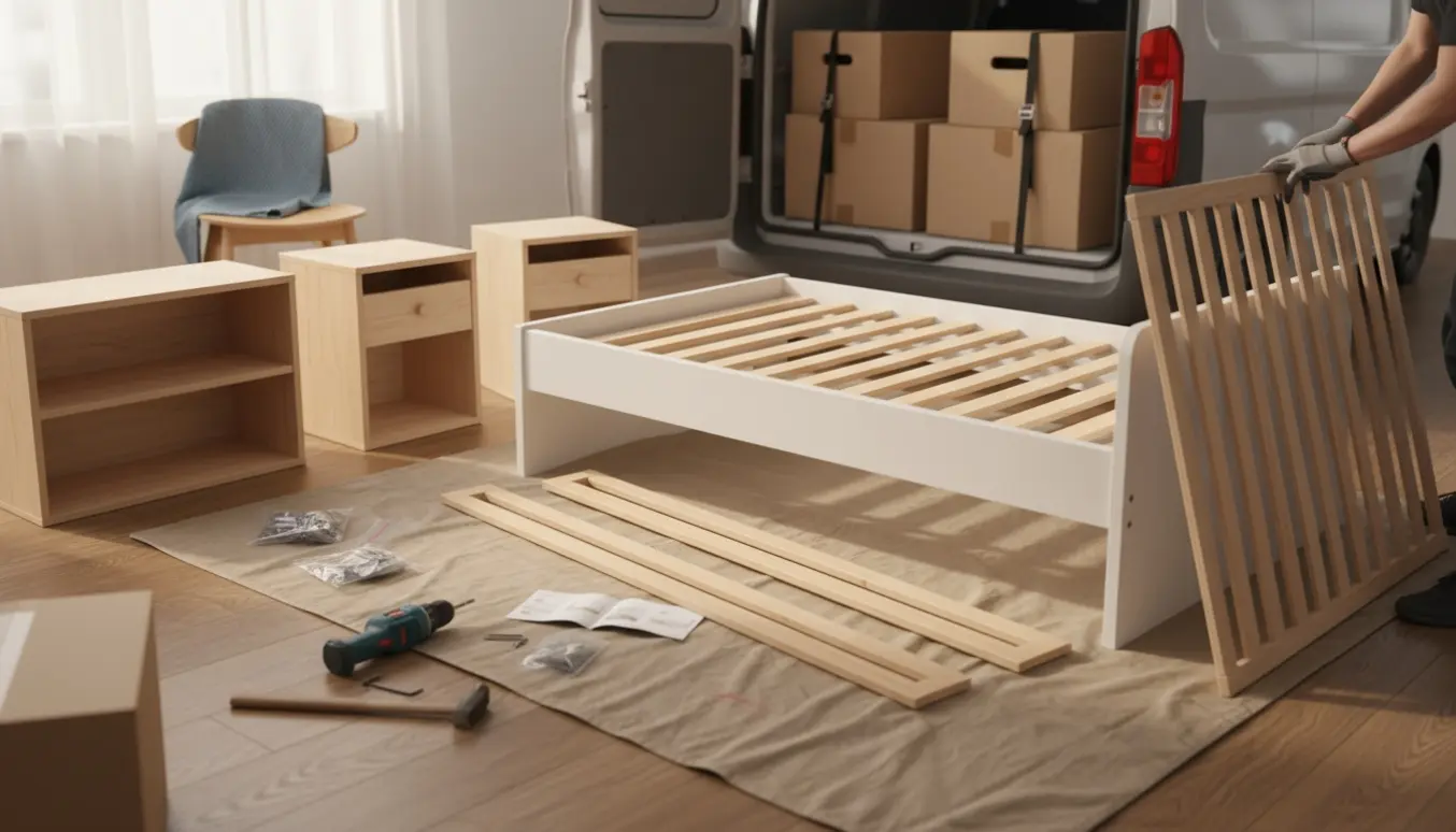 Halvmonteret børneseng med flatpack-møbler og værktøj klar til afhentning og montering.