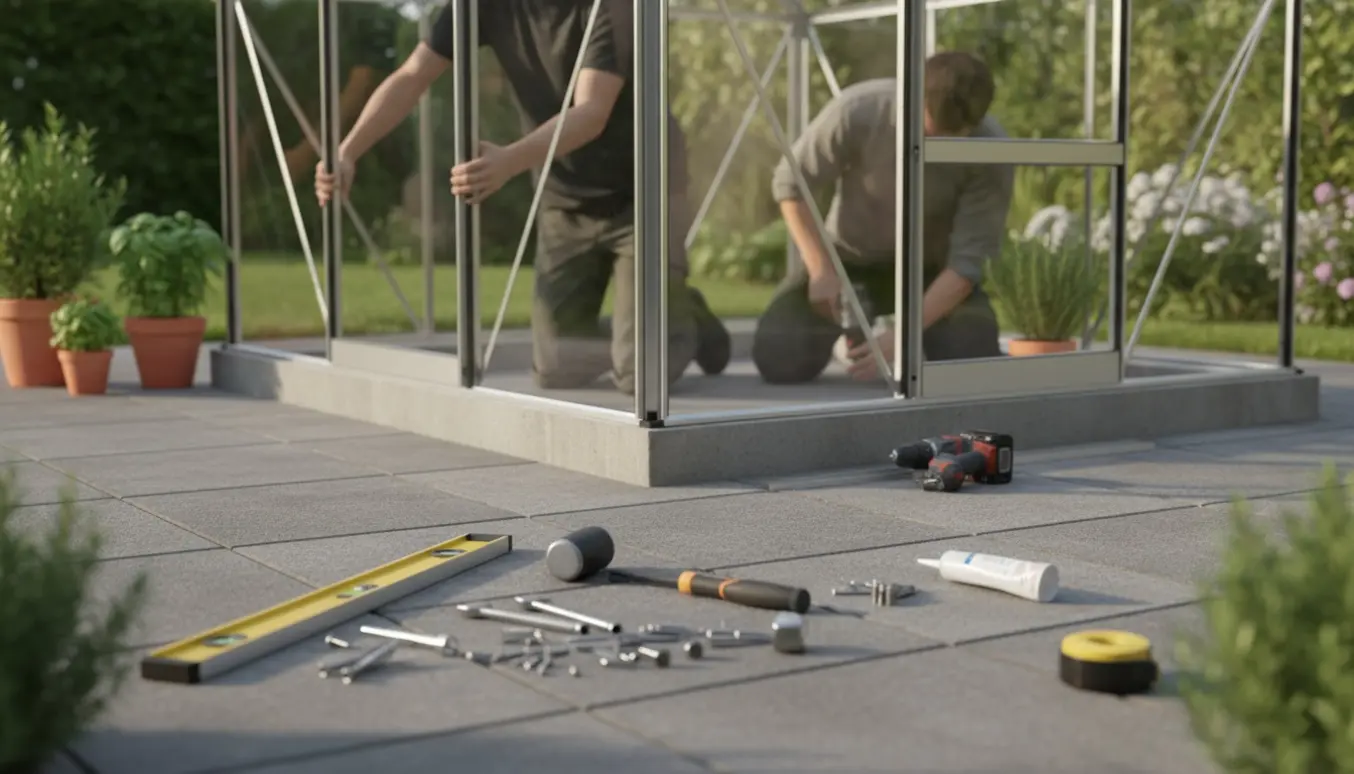 Montering af et mellemstort drivhus på flisebelagt underlag med sokkel og værktøj i forgrunden.