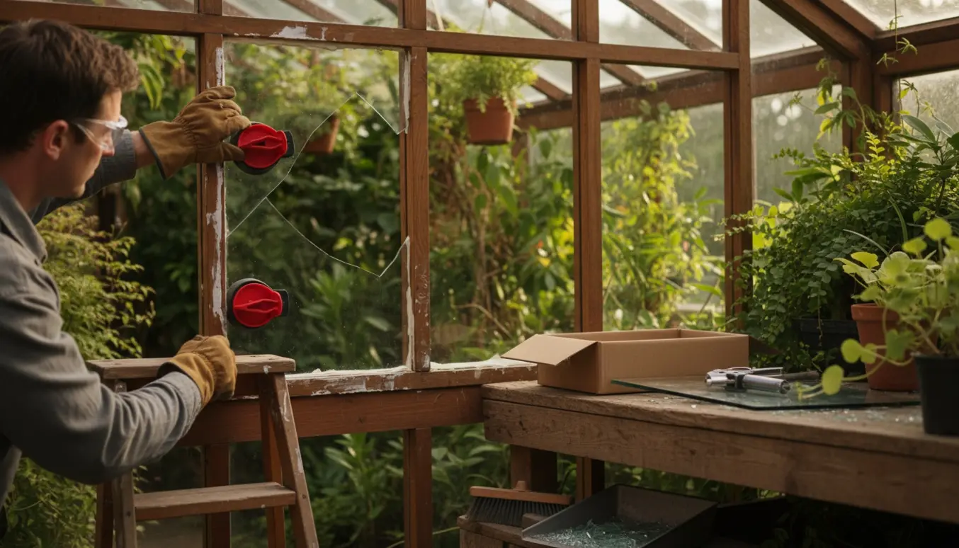 Hænder udskifter fire til fem glas i et trædrivhus med værktøj og potteplanter i sollys.