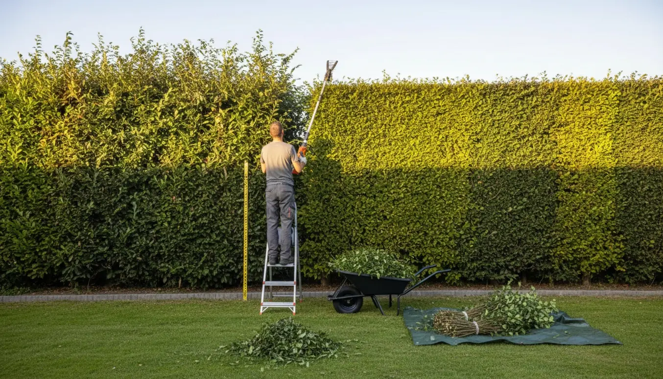 Ligusterhæk langs skel, hvor toppen bliver skåret ned til en jævn højde med fyldt trillebør og bundter af afklip klar til bortskaffelse.