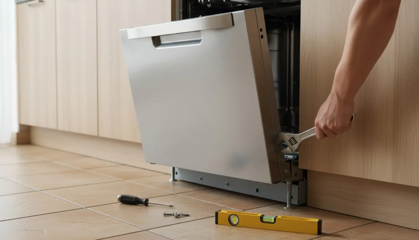Skæv indbygget opvaskemaskine trukket let ud af skabet med synligt monteringshul og værktøj på gulvet.