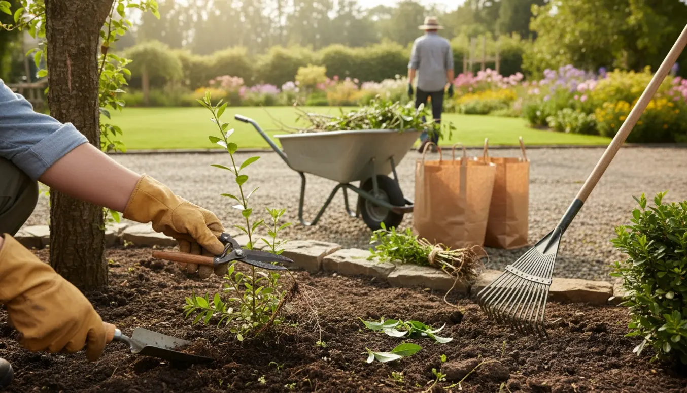 Nærbillede af lugning og beskæring i et bed ved indkørslen med en trillebør fyldt med haveaffald.