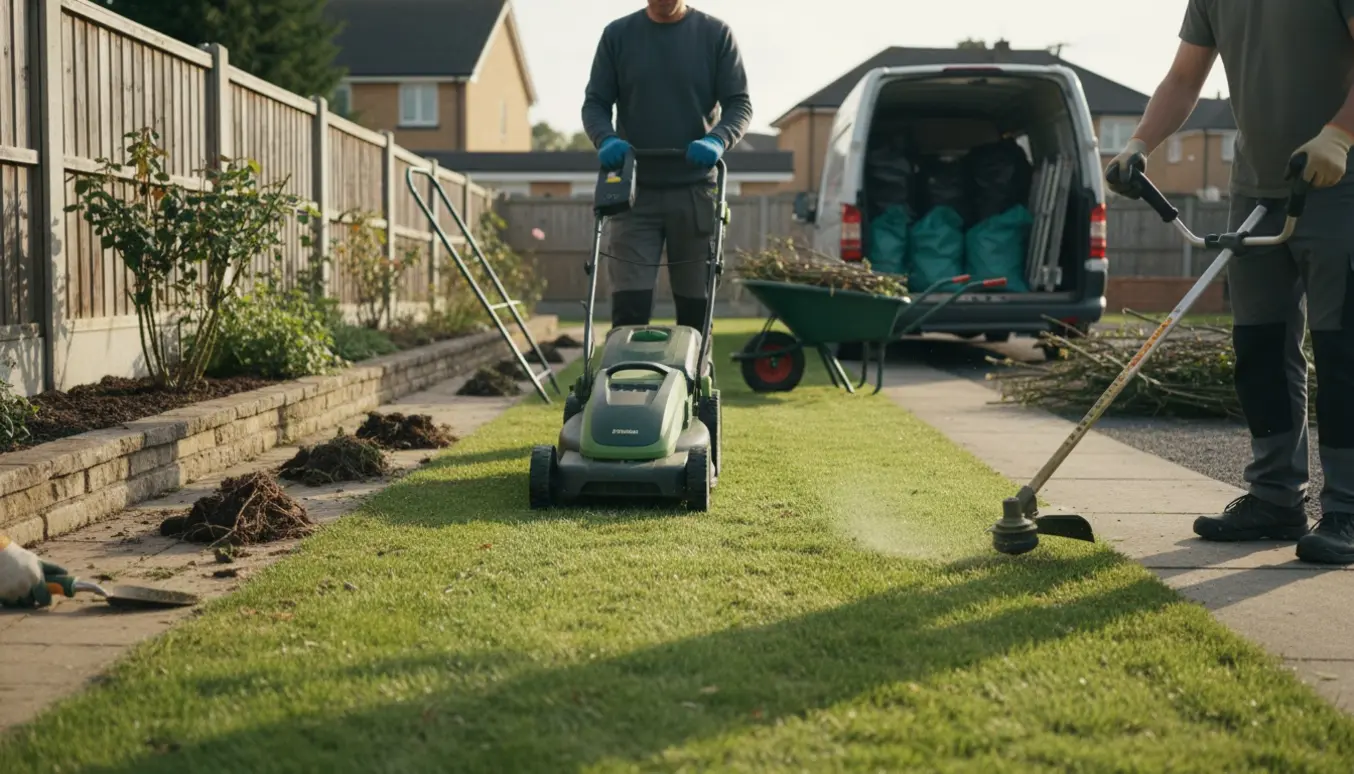 Plæneklipning og kanttrimning ved en have med fjernet ukrudt, beskårne buske og opsamlet haveaffald.