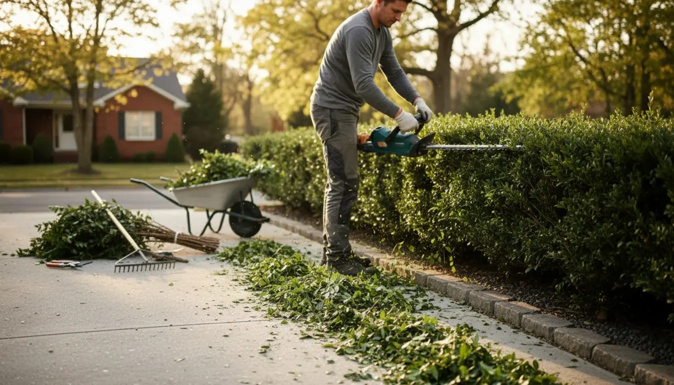 Person trimmer hæk langs indkørsel med beskæringsværktøj og trillebør fuld af afklip.