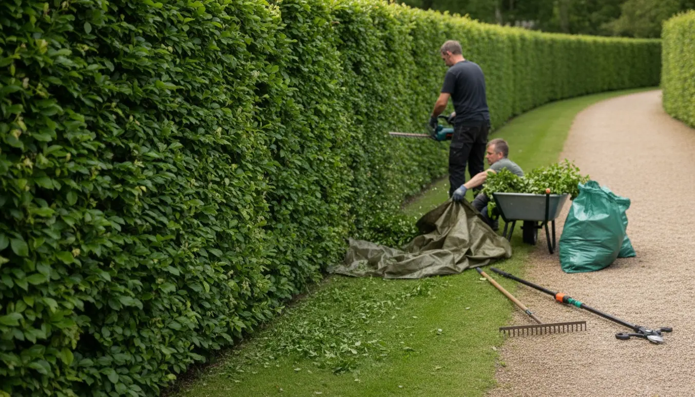 Lang bøgehæk klippes af en håndværker med elektrisk hækkeklipper, afklip samles i trillebør og sække.
