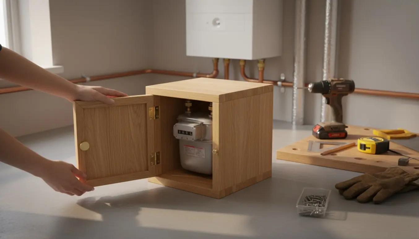 Trækasse med lille låge monteret omkring en gasmåler i et bryggers, åben for aflæsning.