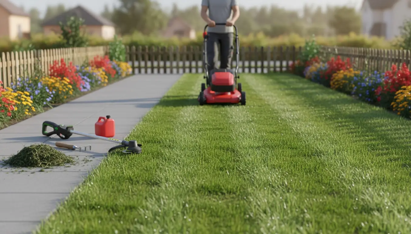 En person slår en lille villagræsplæne med en håndskubbet plæneklipper og fjerner ukrudt på en solrig formiddag.