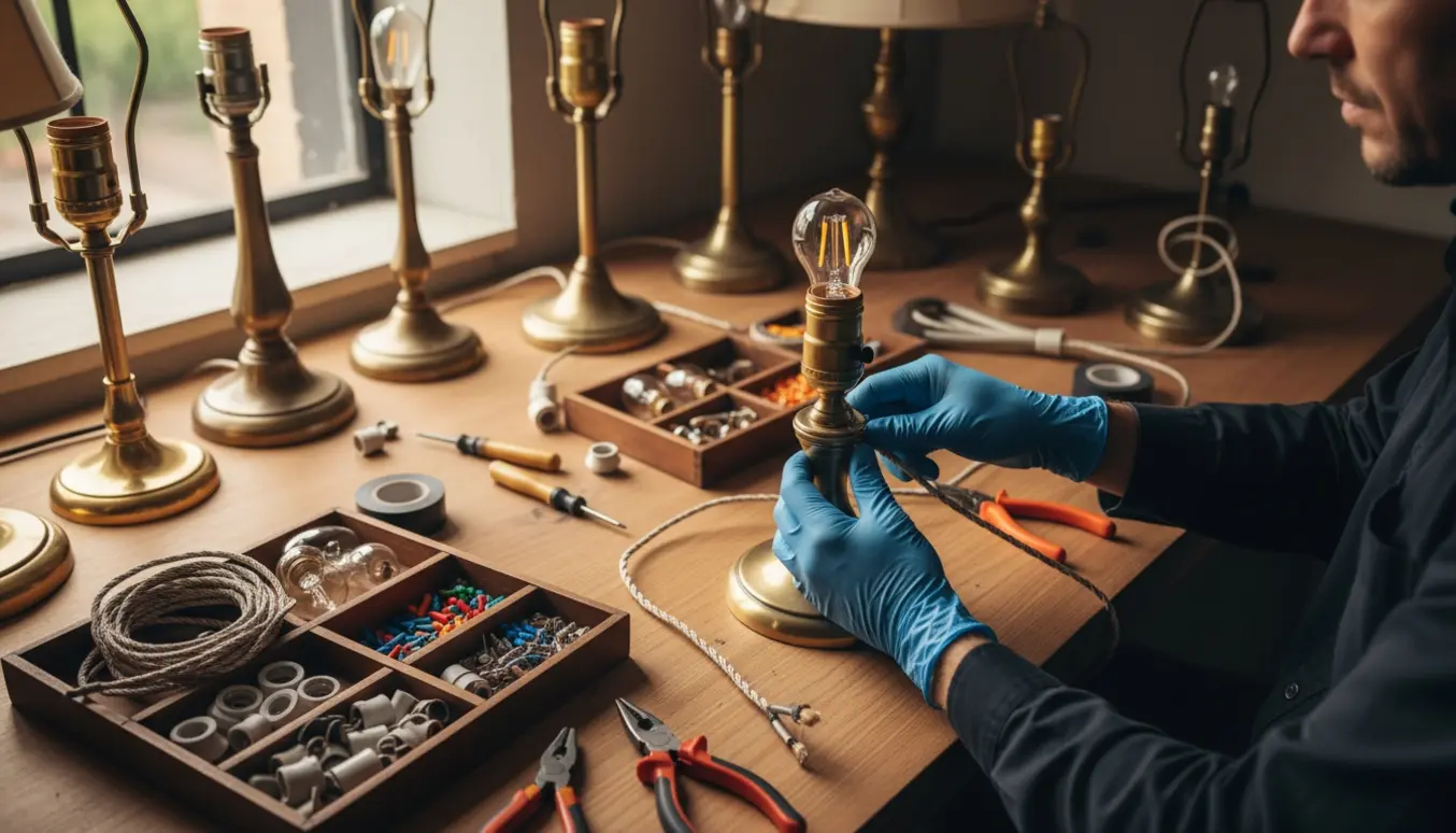 Hænder i isolerede handsker reparerer gamle lamper og udskifter pærer og fatninger på et ryddeligt arbejdsbord.
