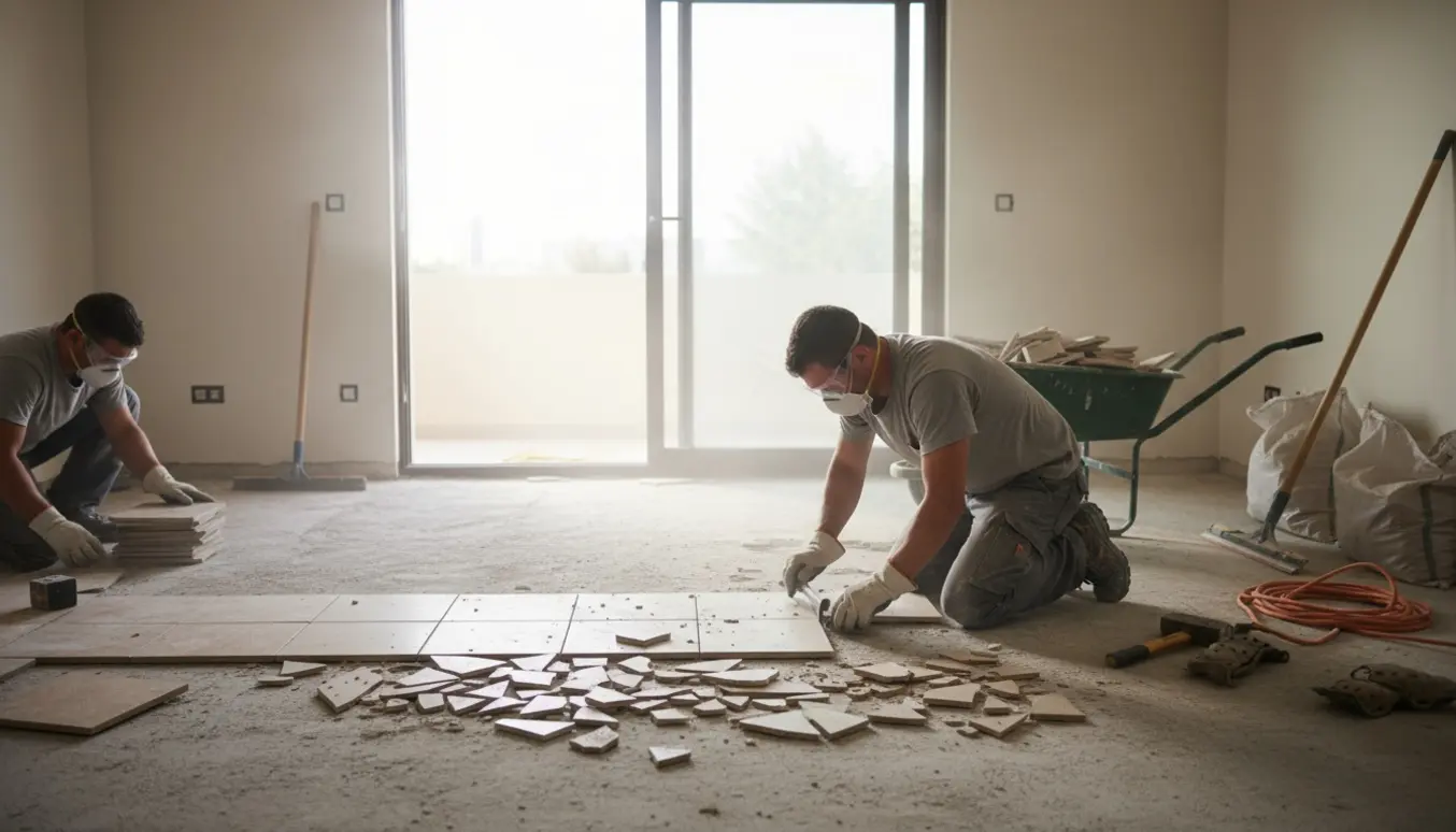 Arbejder fjerner klinker fra et stueetagegulv ved en åben skydedør med bunker af fliser og værktøj klar til oprydning.