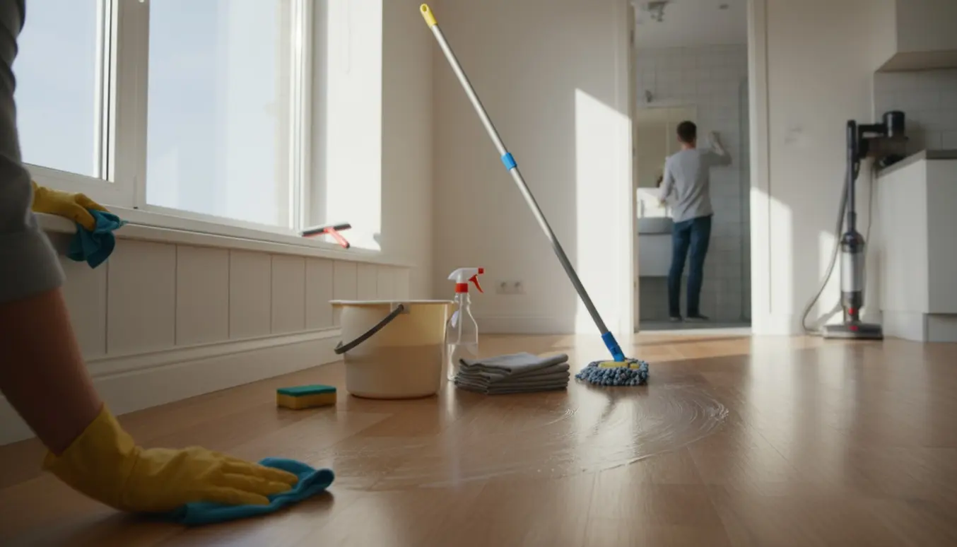 Hænder i handsker pudser paneler og gulv i en lille lejlighed ved udflytningsrengøring.