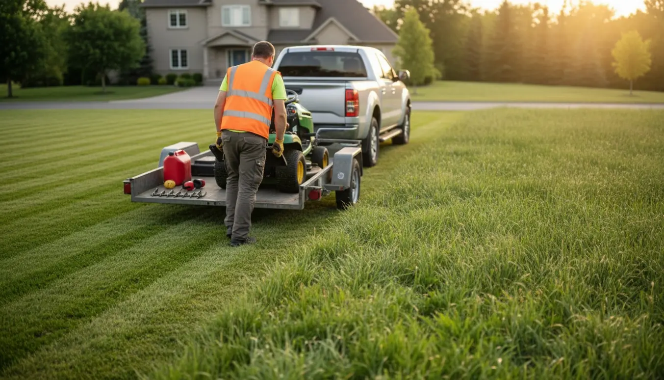En gartner ruller en professionel plæneklipper af en trailer ved kanten af en stor græsplæne med tydelige striber mellem slået og uslået græs.