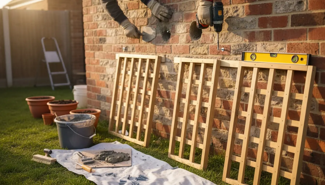 Nærbillede af reparation af huller i ydermur og montering af træ-espalier med cirka fem centimeters afstand.