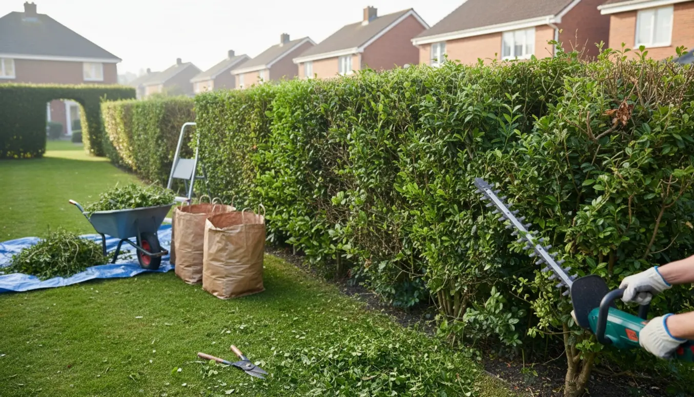 En havearbejder klipper en ligusterhæk med hækkeklipper, trillebør med grønt affald og ryddet sti.