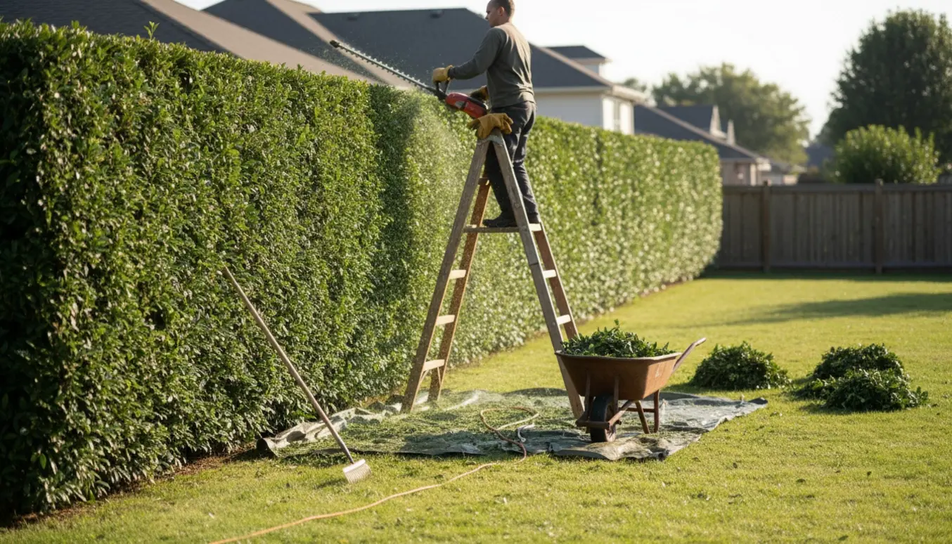 Lang hæk klippes udvendigt med højt topskår og afklip samles i trillebør og på presenning.