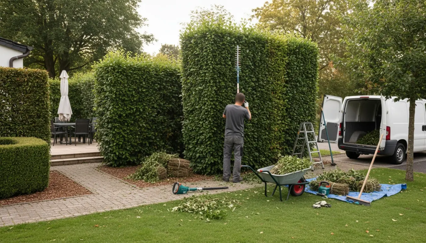Havearbejder trimmer hække og samler klip i trillebør og varevogn til bortkørsel.
